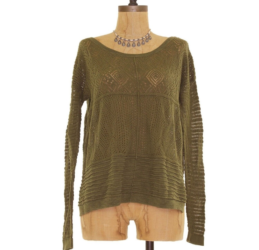 Sun & Shadow Pullover Sweater Top S Long Sleeve Mixed Stitch Crochet Green B60